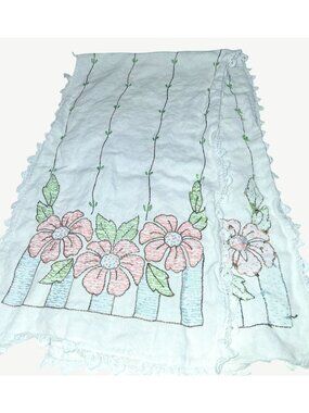 Vintage Hand-Embroidered Floral Linen Runner Lace Edges Pastel Pink Green Flower